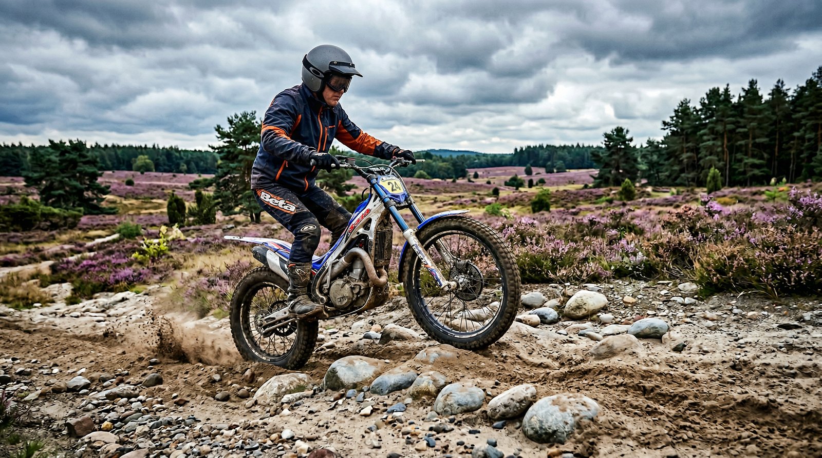 KI-generiertes Stimmungsbild: Trialfahrer auf sandigem Gelände in der Lüneburger Heide