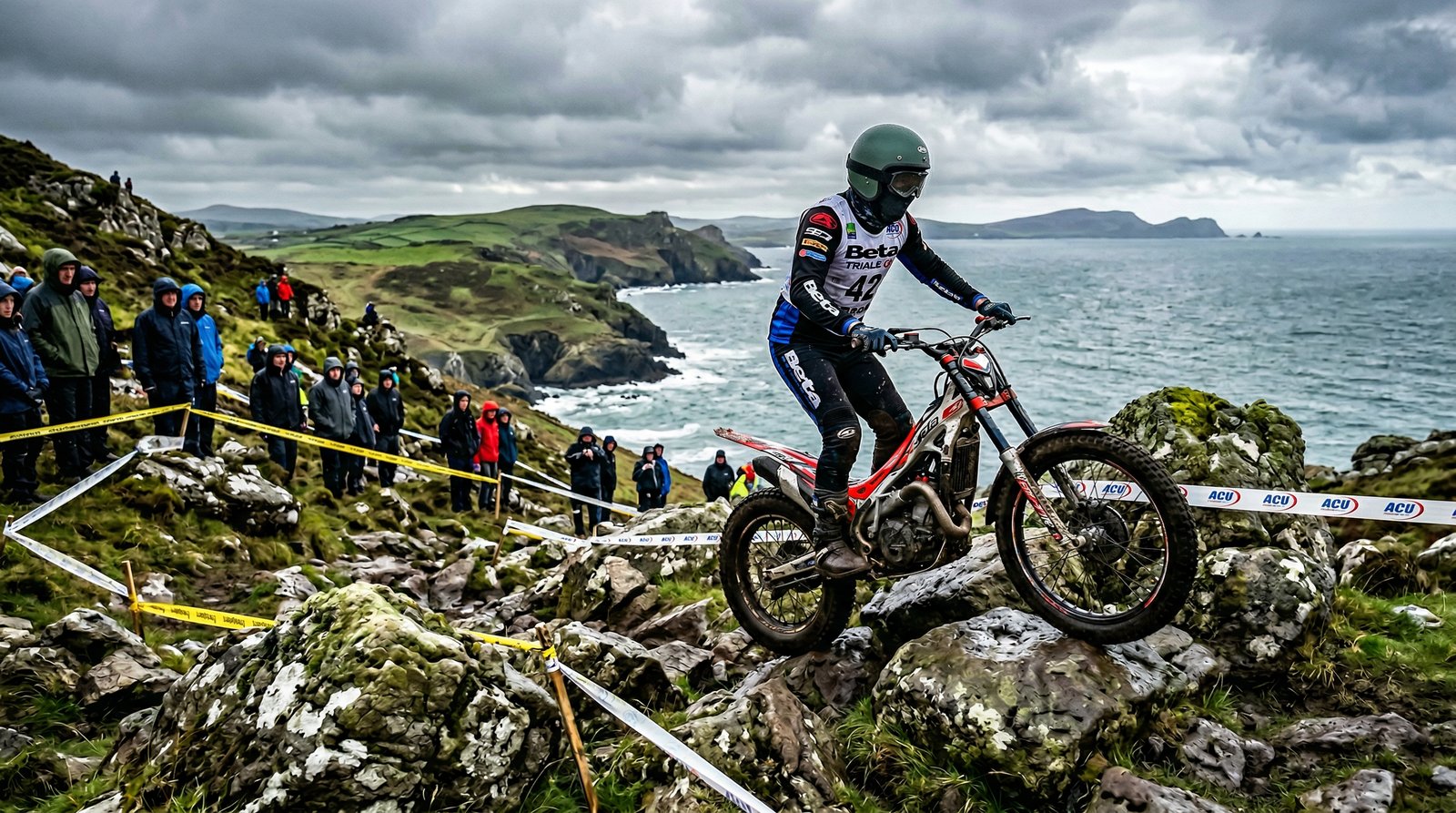 AI-generated atmosphere image: trial rider on rocky Welsh coastal hillside