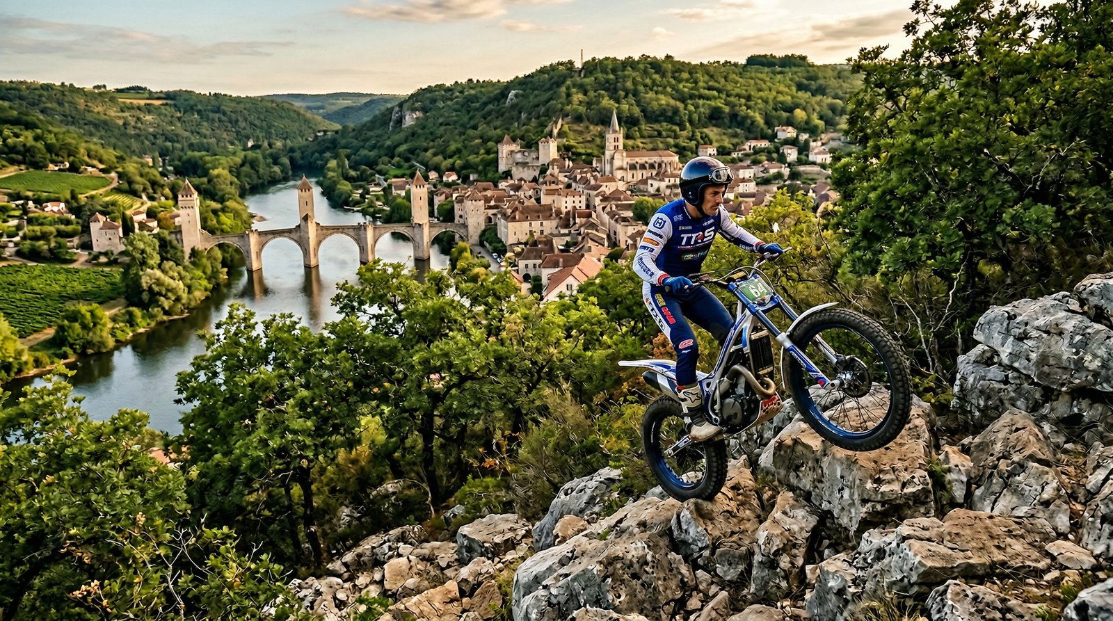 Image d'ambiance générée par IA : pilote trial sur rochers calcaires avec Cahors et le Pont Valentré en arrière-plan