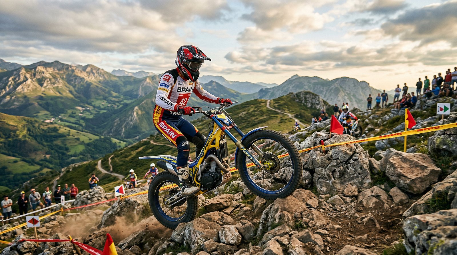 Imagen de ambiente generada por IA: piloto de trial en terreno rocoso de montaña española