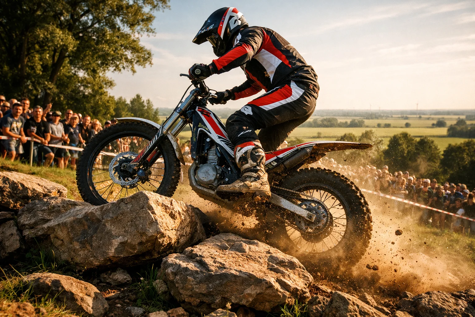 AI-sfeerbeeld: trialrijder navigeert over rotspartij voor publiek in een Nederlands landschap